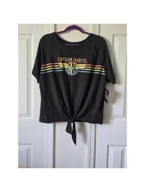 Captain Marvel Rainbow Stripe Tie Front T Shirt Womens 3XL Black Marvel Comics